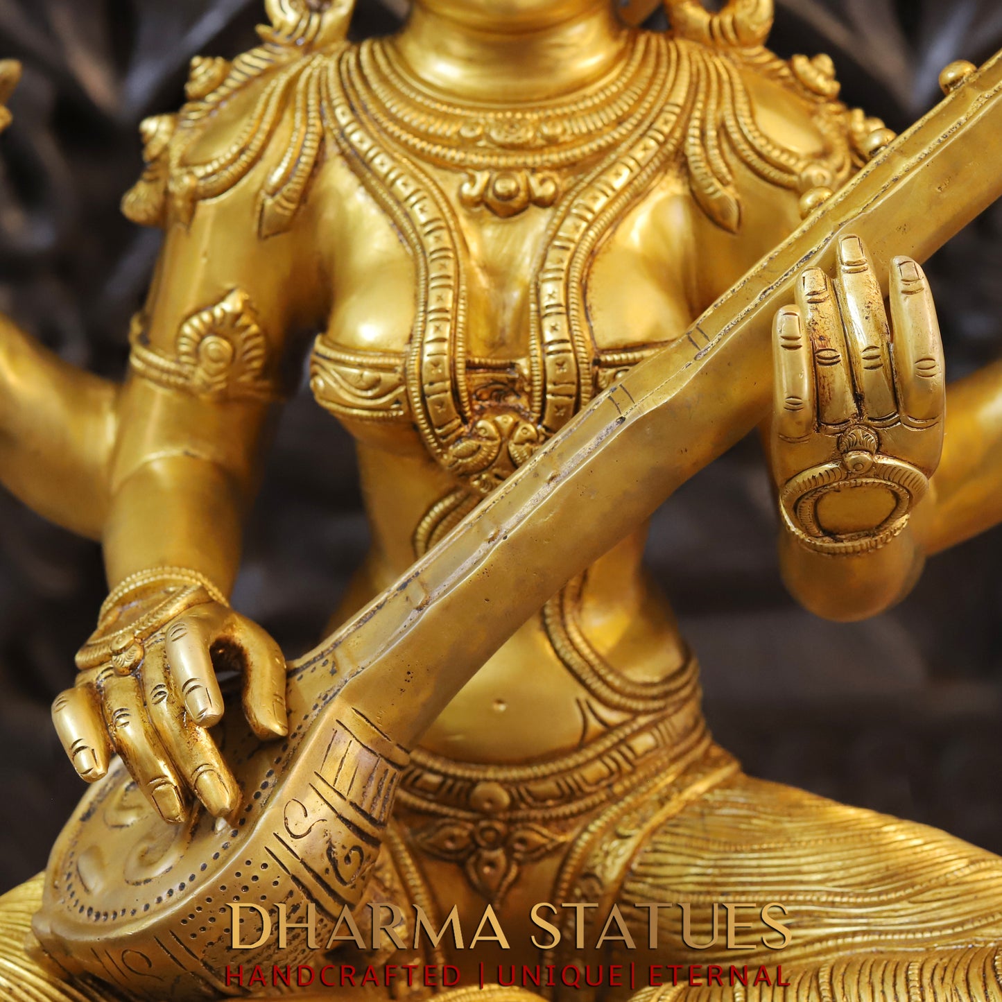 Brass Saraswati seated on Lotus, Fine Golden Finish, 24"