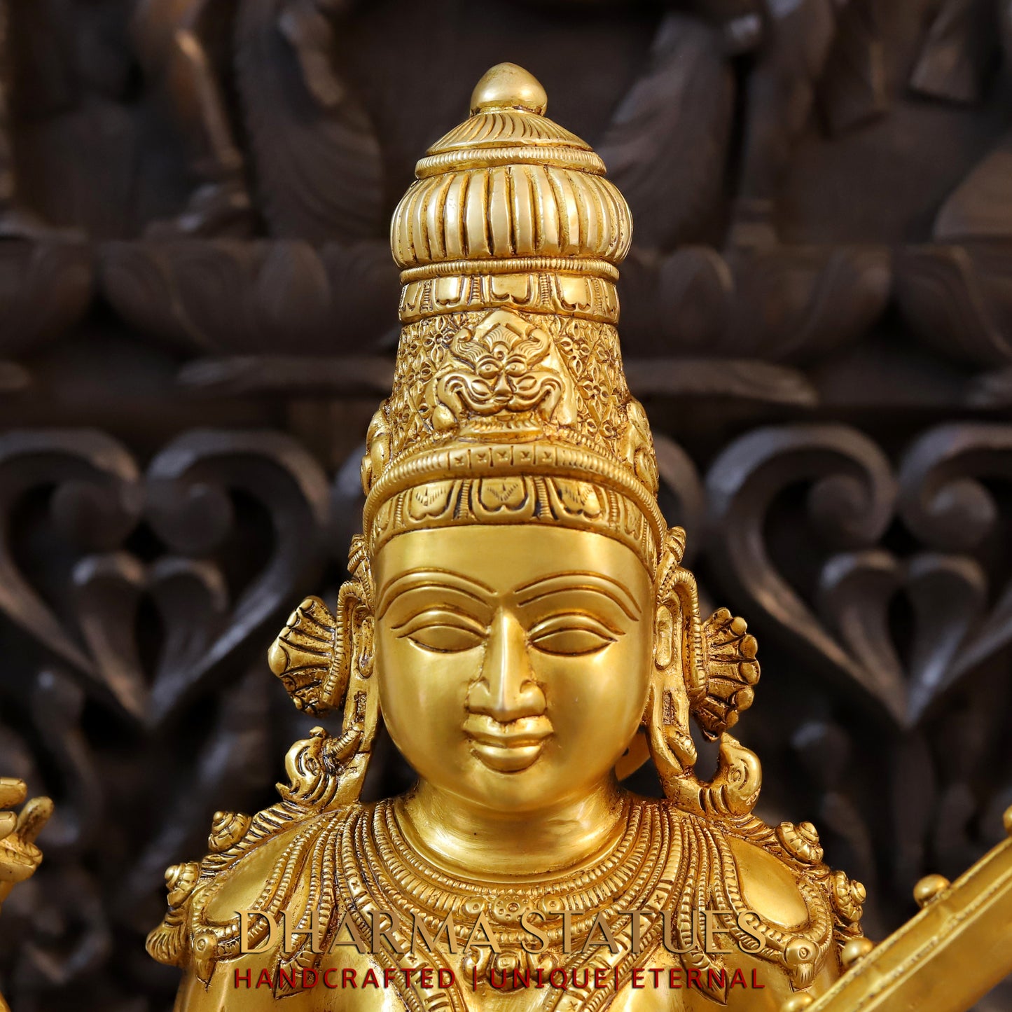 Brass Saraswati seated on Lotus, Fine Golden Finish, 24"