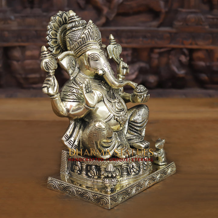 Brass Ganesh Seated On Ashtvinayak Base, Smooth Finish 10"