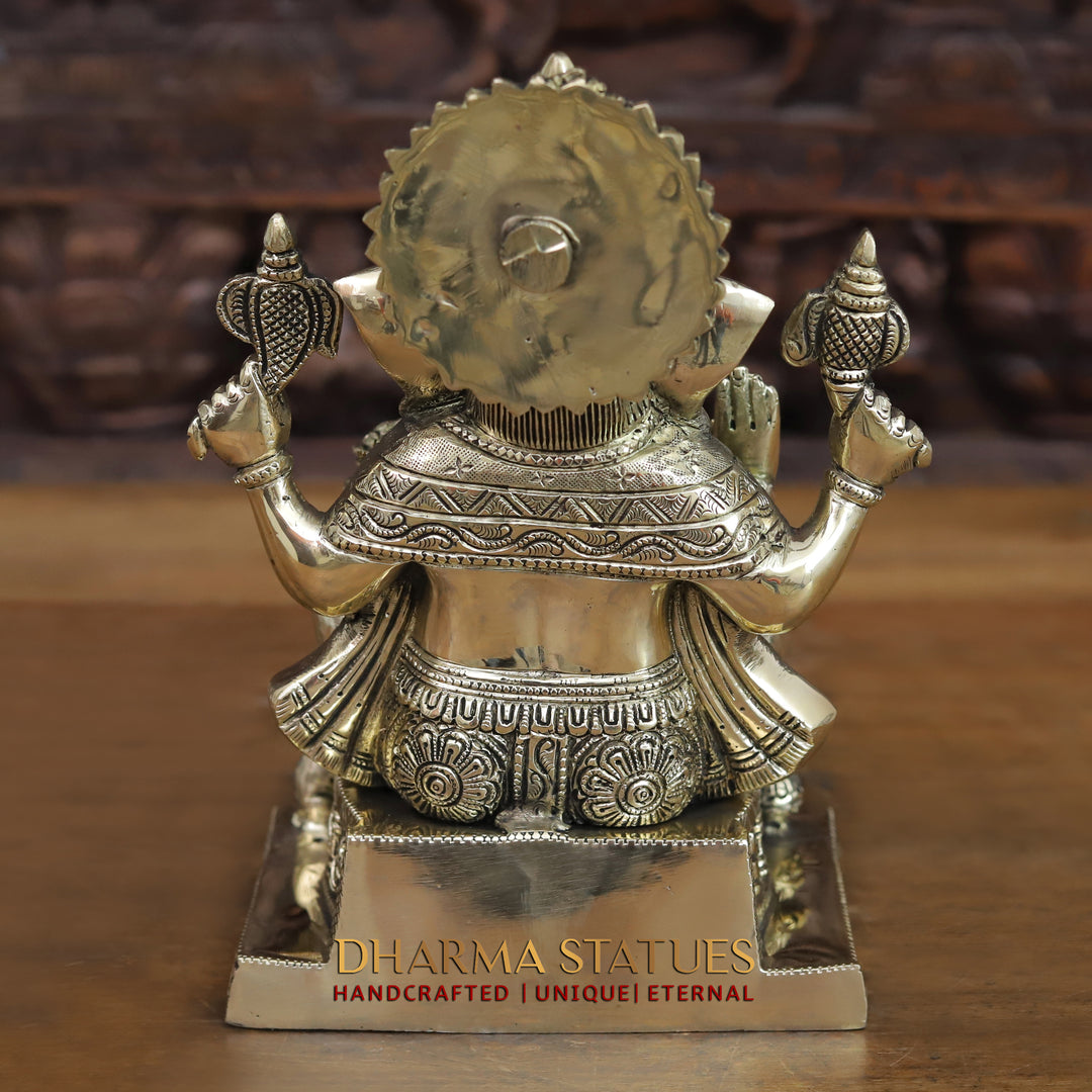 Brass Ganesh Seated On Ashtvinayak Base, Smooth Finish 10"