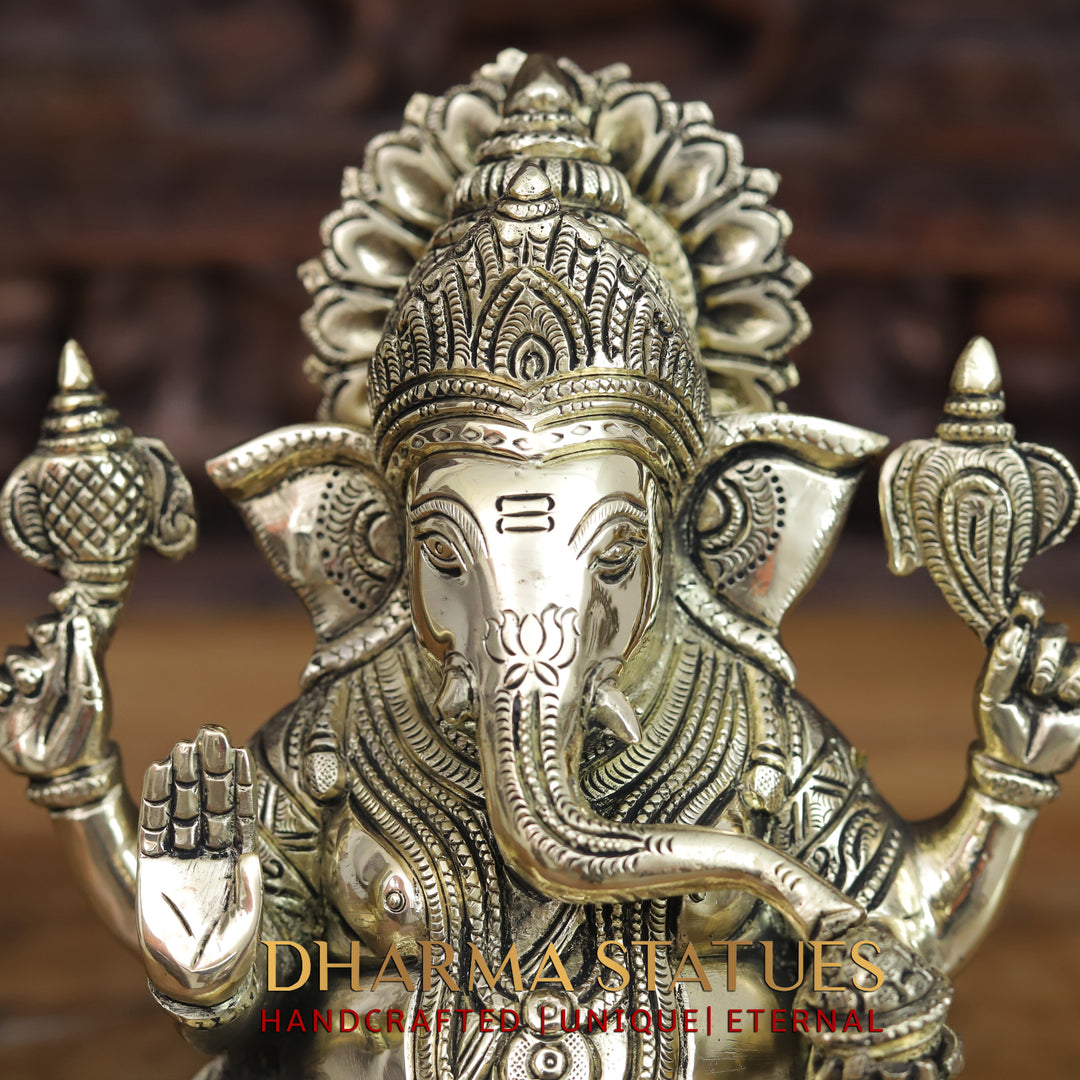 Brass Ganesh Seated On Ashtvinayak Base, Smooth Finish 10"