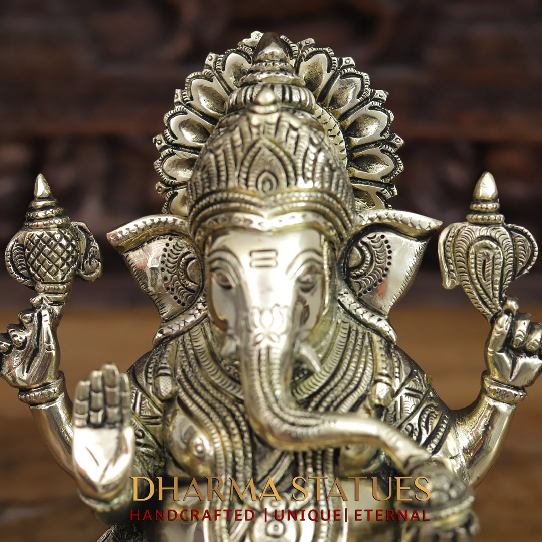 Brass Ganesh Seated On Ashtvinayak Base, Smooth Finish 10"