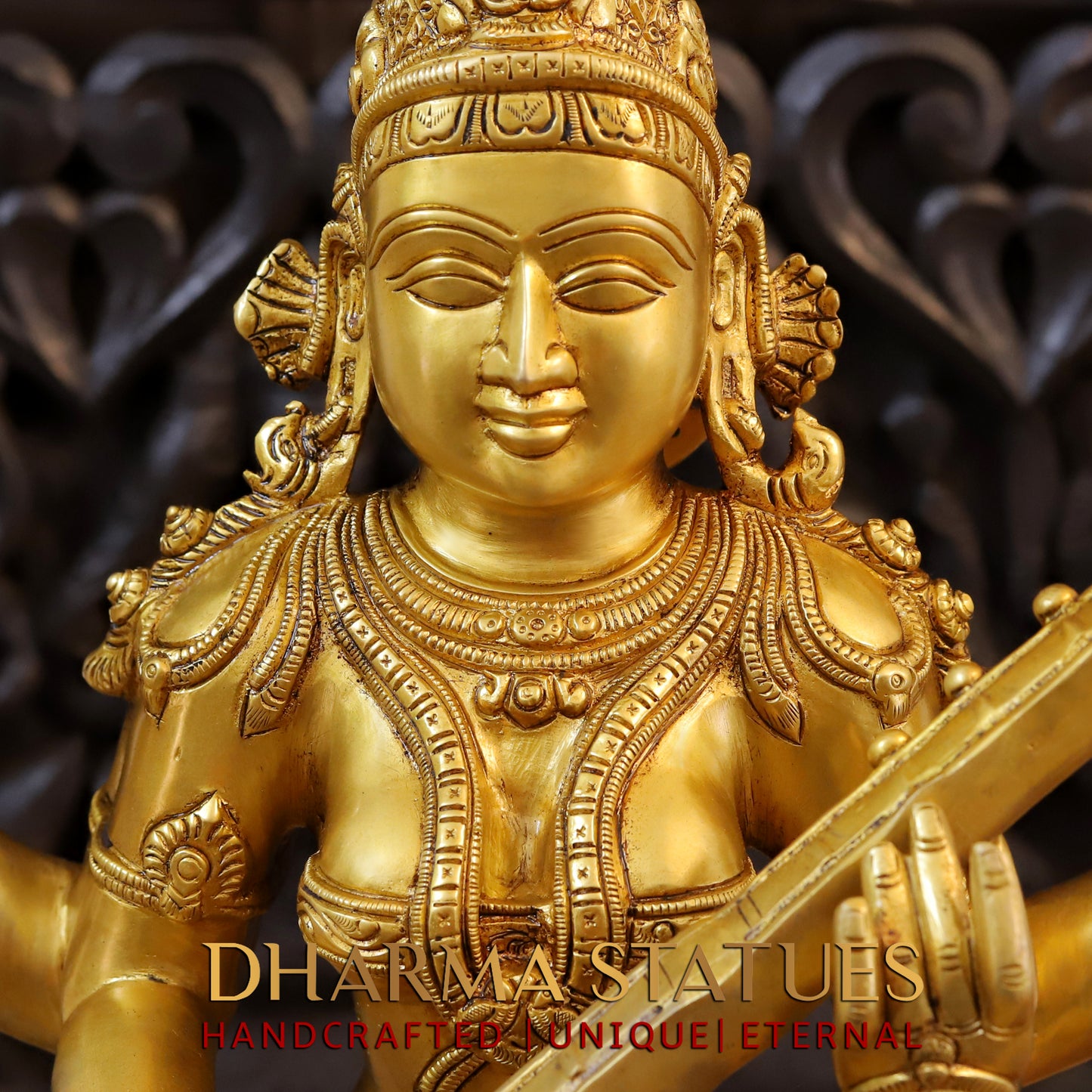 Brass Saraswati seated on Lotus, Fine Golden Finish, 24"
