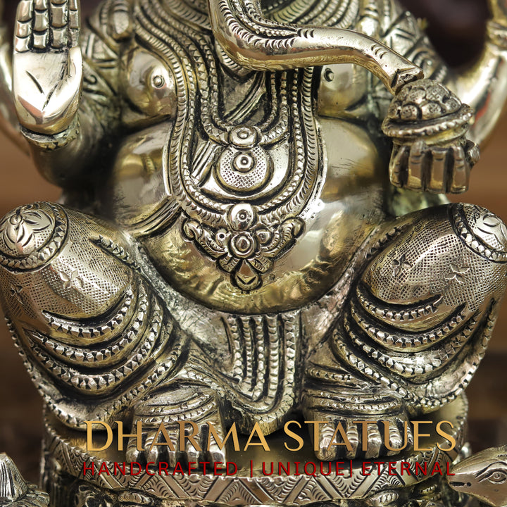 Brass Ganesh Seated On Ashtvinayak Base, Smooth Finish 10"