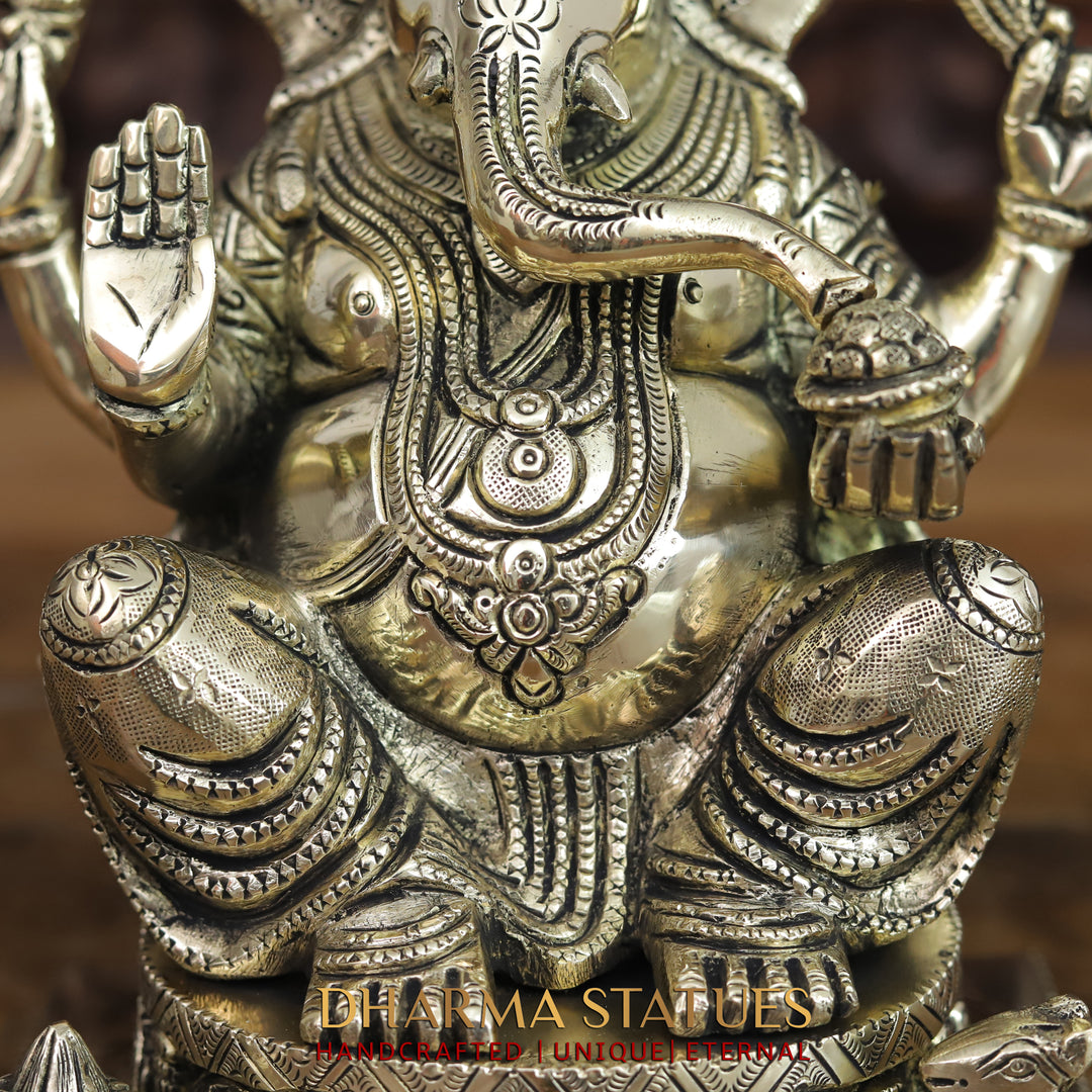 Brass Ganesh Seated On Ashtvinayak Base, Smooth Finish 10"