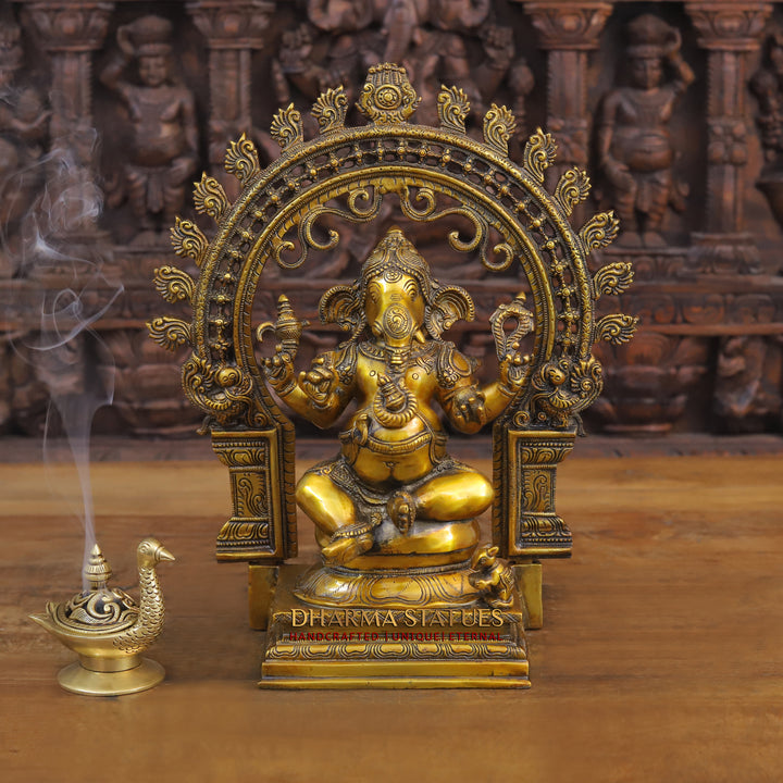 Brass Ganesh Statue, Sitting on a Lotus, Fine Golden Finish 15"