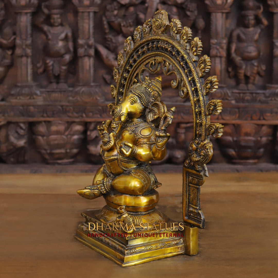 Brass Ganesh Seated with South Indian Prabhavali Golden Finish 15"