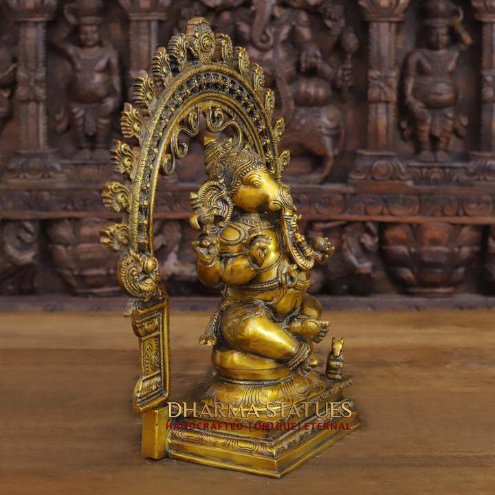 Brass Ganesh Seated with South Indian Prabhavali Golden Finish 15"