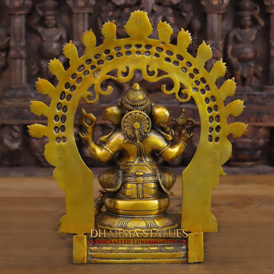 Brass Ganesh Seated with South Indian Prabhavali Golden Finish 15"