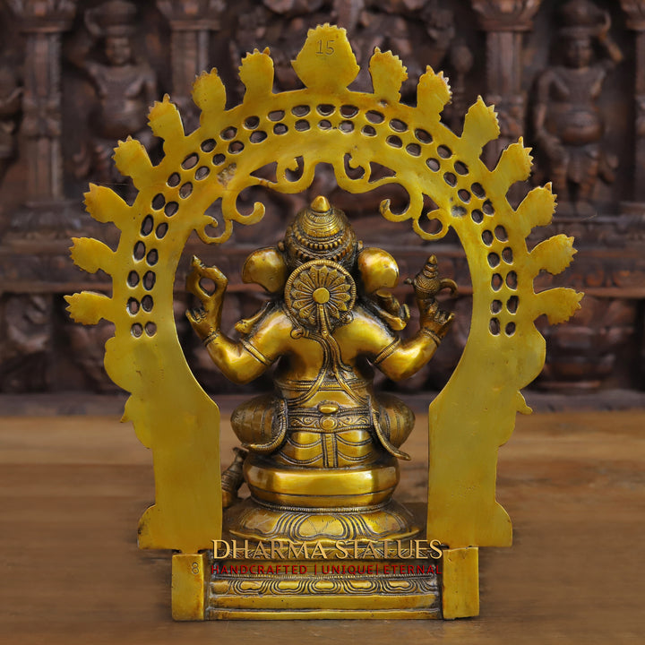 Brass Ganesh Seated with South Indian Prabhavali Golden Finish 15"