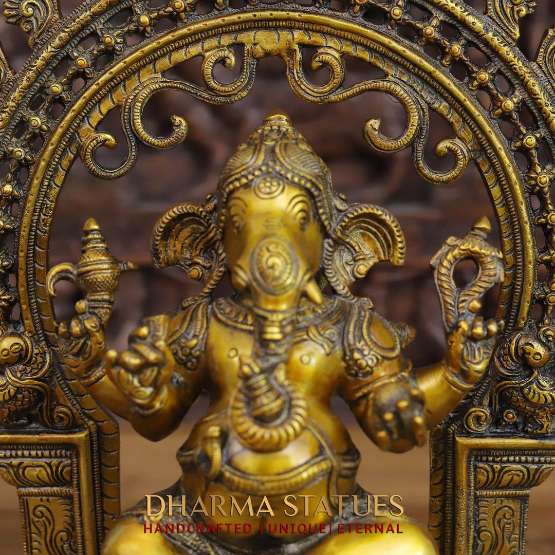 Brass Ganesh Seated with South Indian Prabhavali Golden Finish 15"