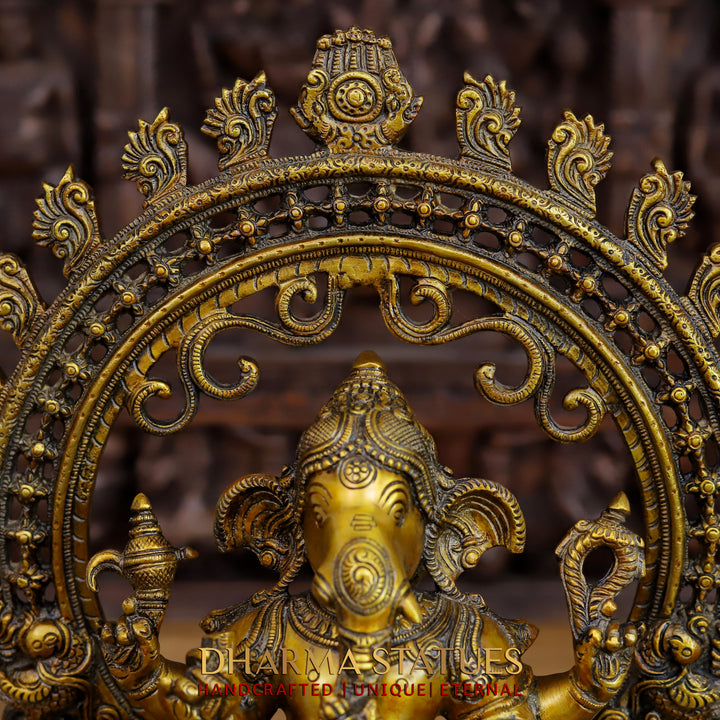 Brass Ganesh Seated with South Indian Prabhavali Golden Finish 15"