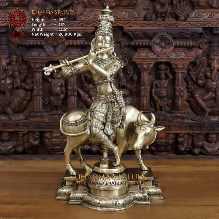 Brass Krishna Idol, Playing Flute with Cow, Fine Golden Finish 25"