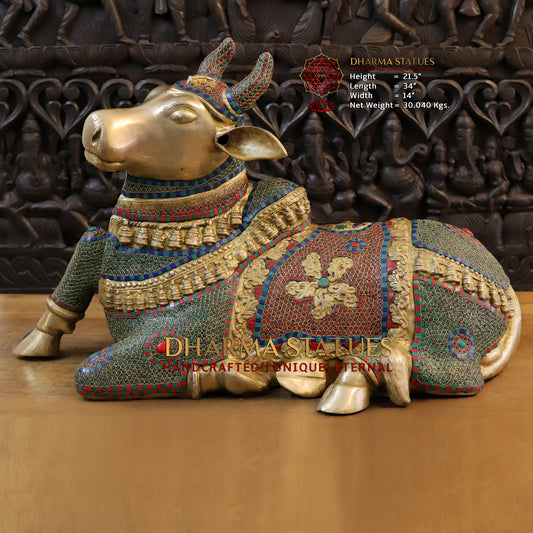 Brass Nandi seated, Golden & Stonework, 21.5"