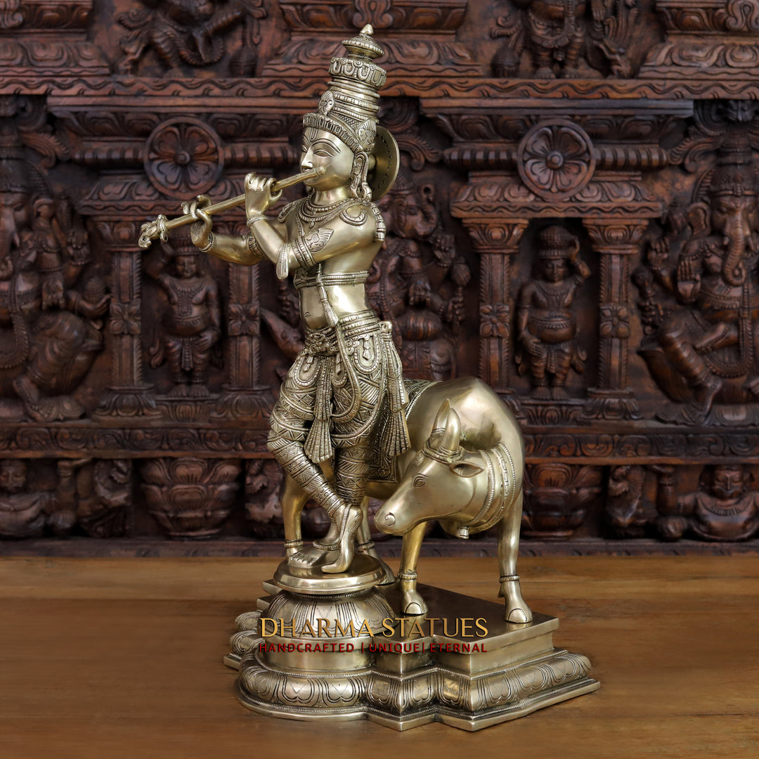 Brass Krishna Idol, Playing Flute with Holy Cow, Fine Golden Finish 25"