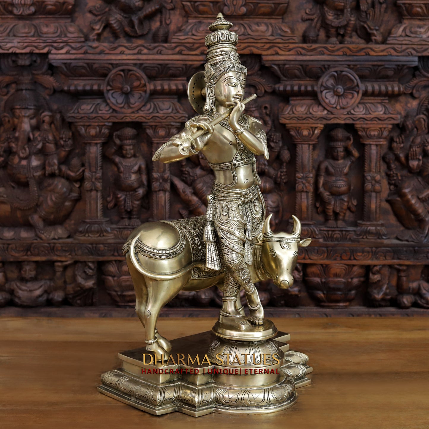 Brass Krishna Idol, Playing Flute with Cow, Fine Golden Finish 25"