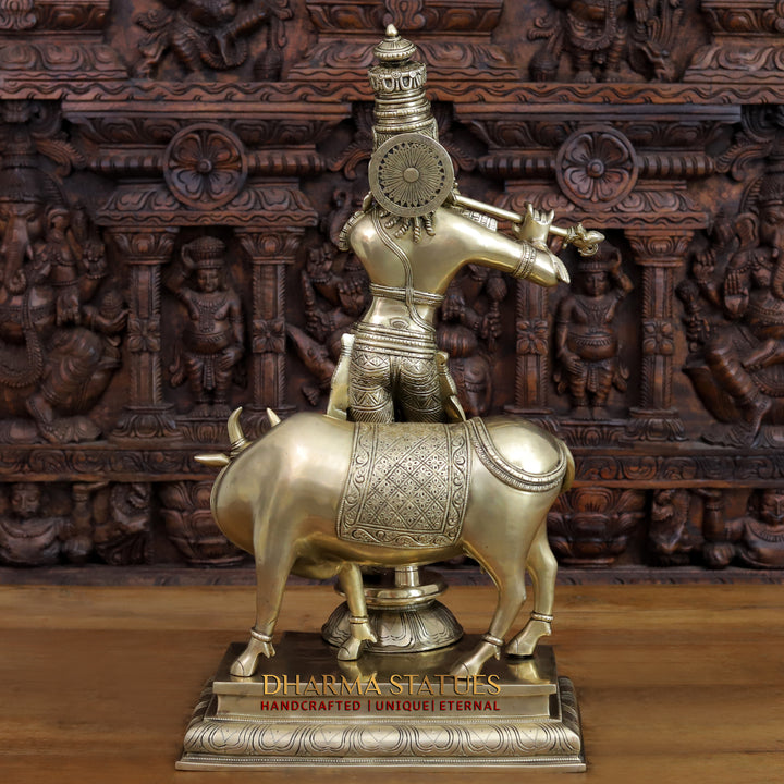 Brass Krishna Idol, Playing Flute with Holy Cow, Fine Golden Finish 25"