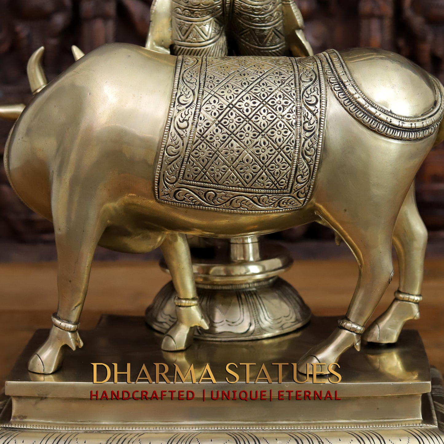 Brass Krishna Idol, Playing Flute with Cow, Fine Golden Finish 25"