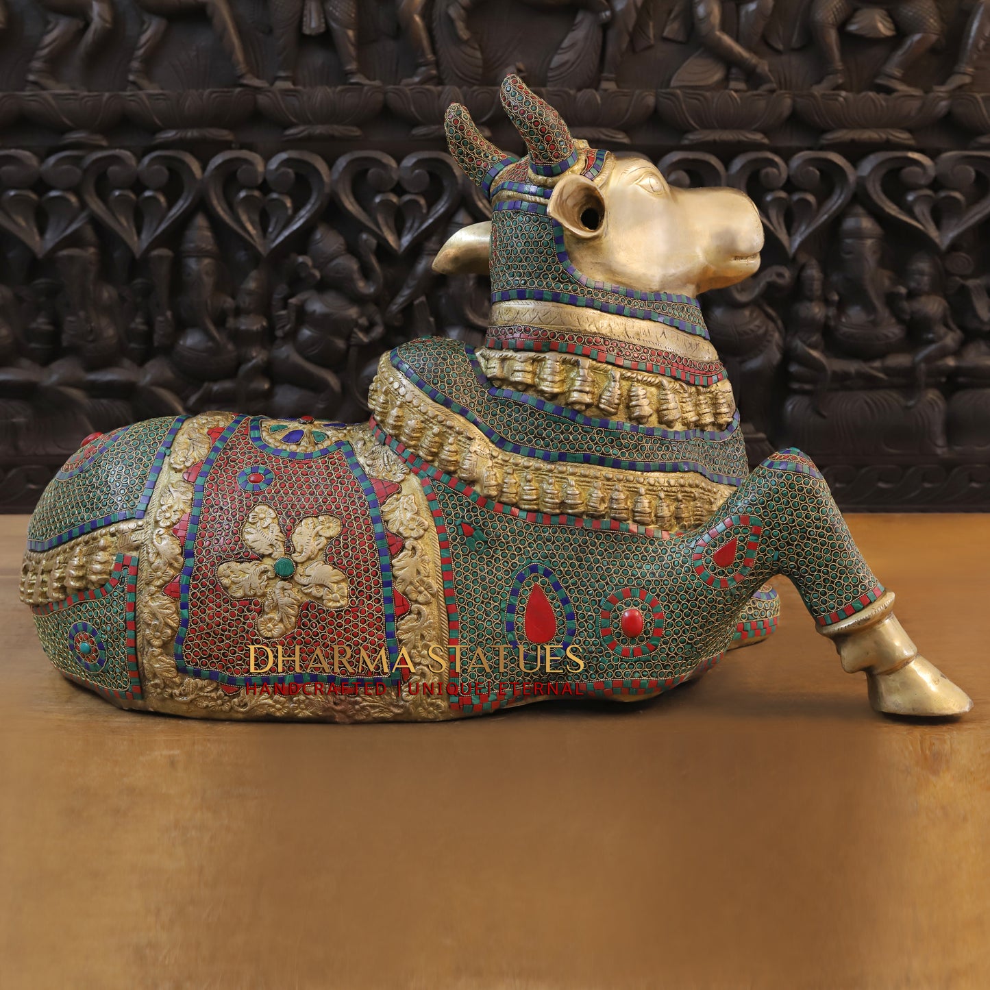 Brass Nandi seated, Golden & Stonework, 21.5"