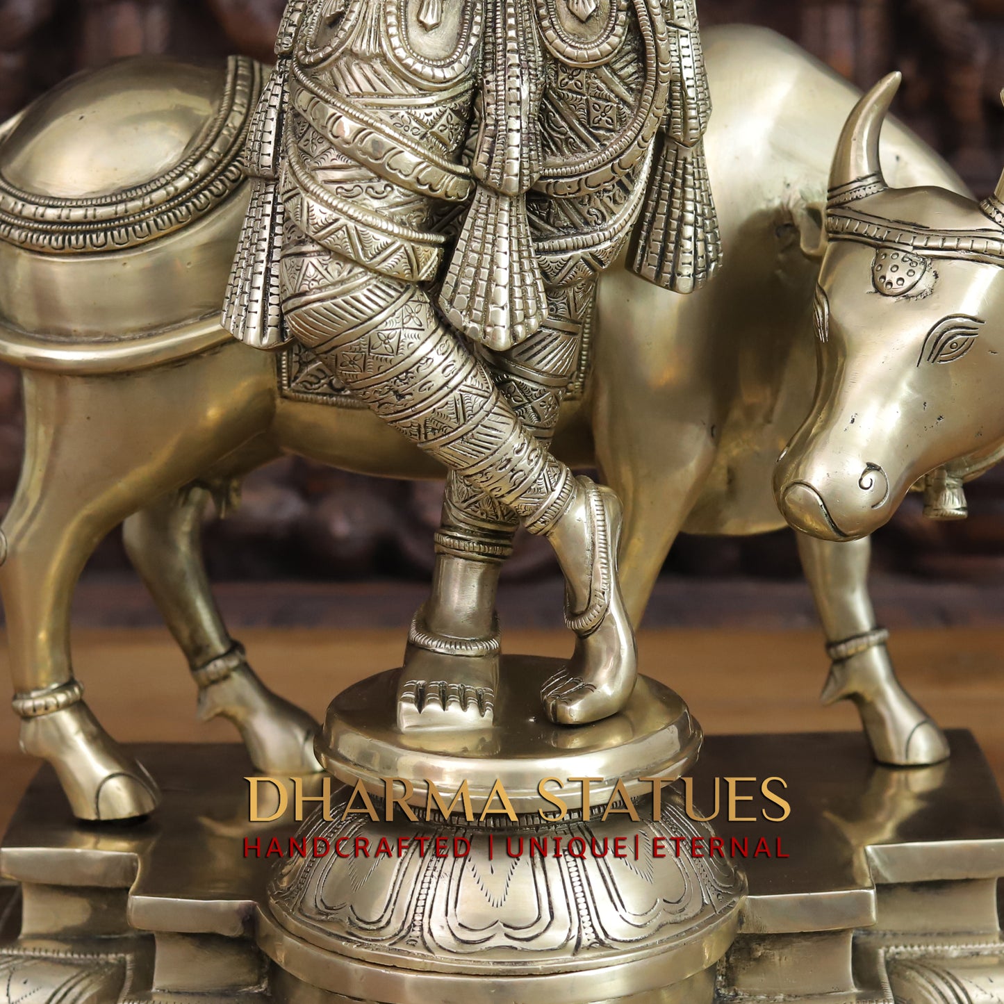 Brass Krishna Idol, Playing Flute with Cow, Fine Golden Finish 25"