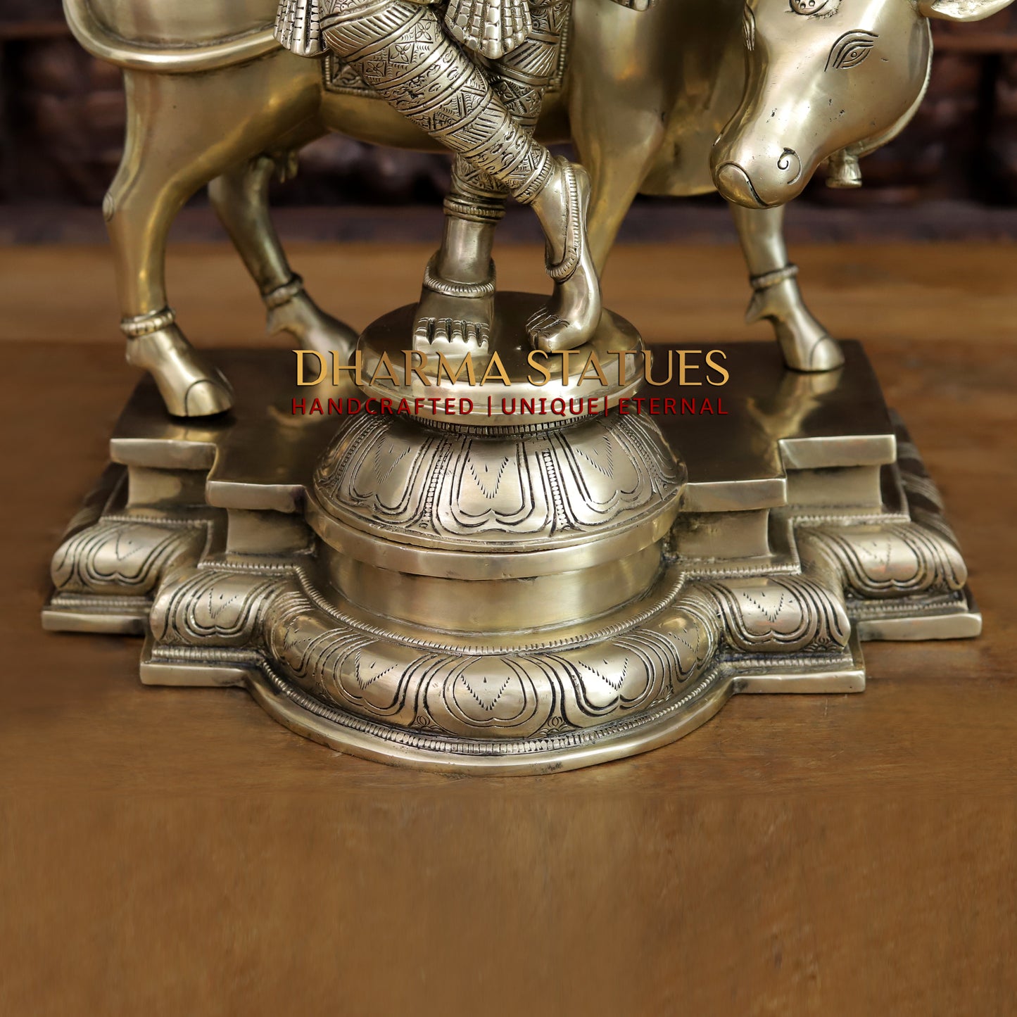 Brass Krishna Idol, Playing Flute with Cow, Fine Golden Finish 25"