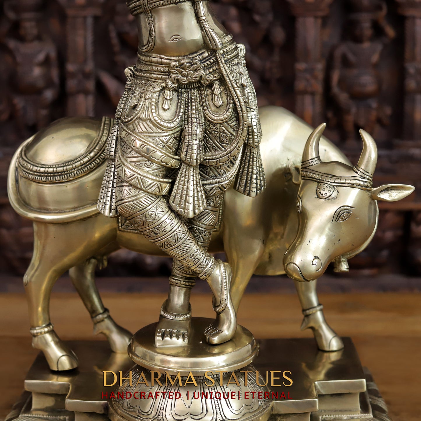 Brass Krishna Idol, Playing Flute with Cow, Fine Golden Finish 25"