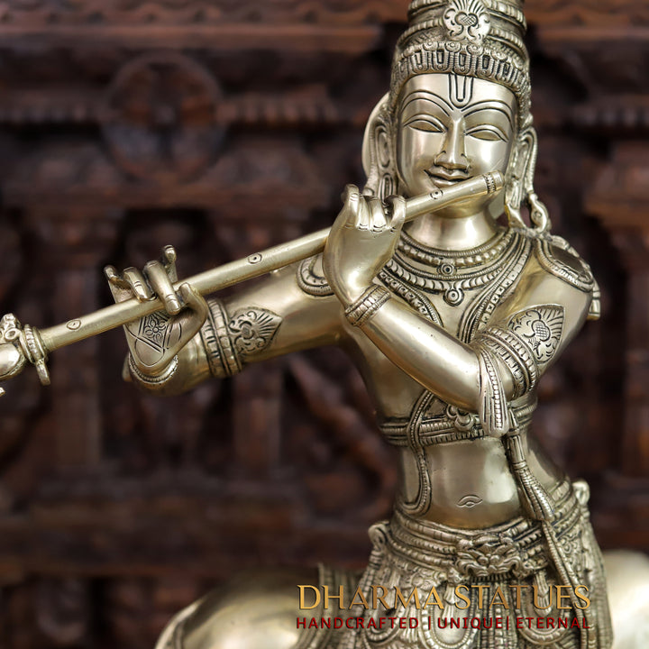 Brass Krishna Idol, Playing Flute with Holy Cow, Fine Golden Finish 25"