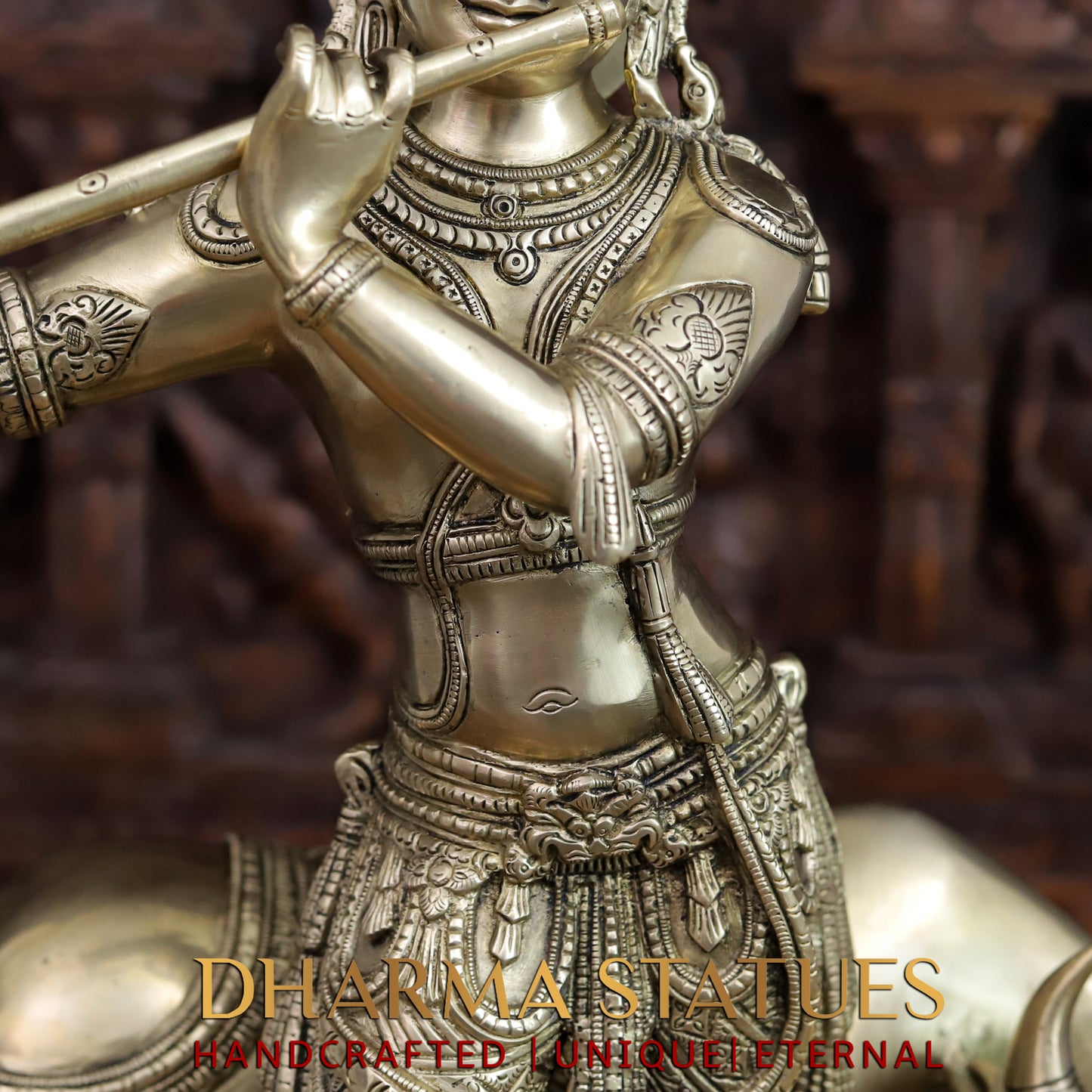 Brass Krishna Idol, Playing Flute with Cow, Fine Golden Finish 25"