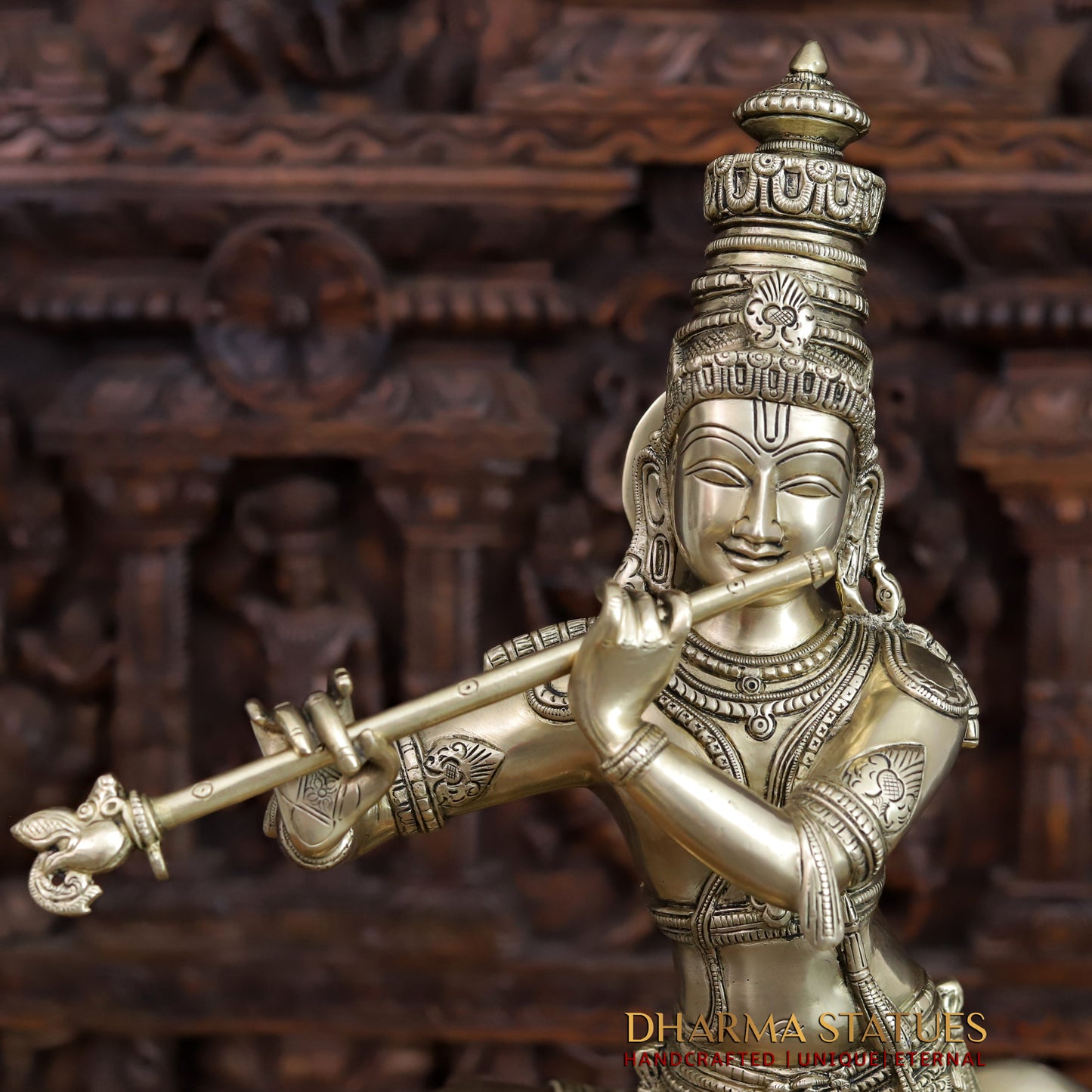 Brass Krishna Idol, Playing Flute with Cow, Fine Golden Finish 25"