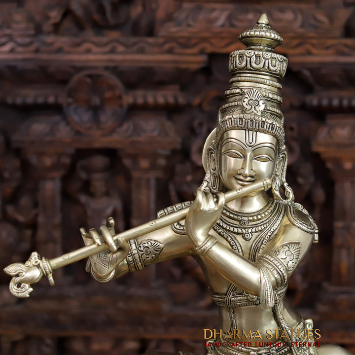 Brass Krishna Idol, Playing Flute with Holy Cow, Fine Golden Finish 25"