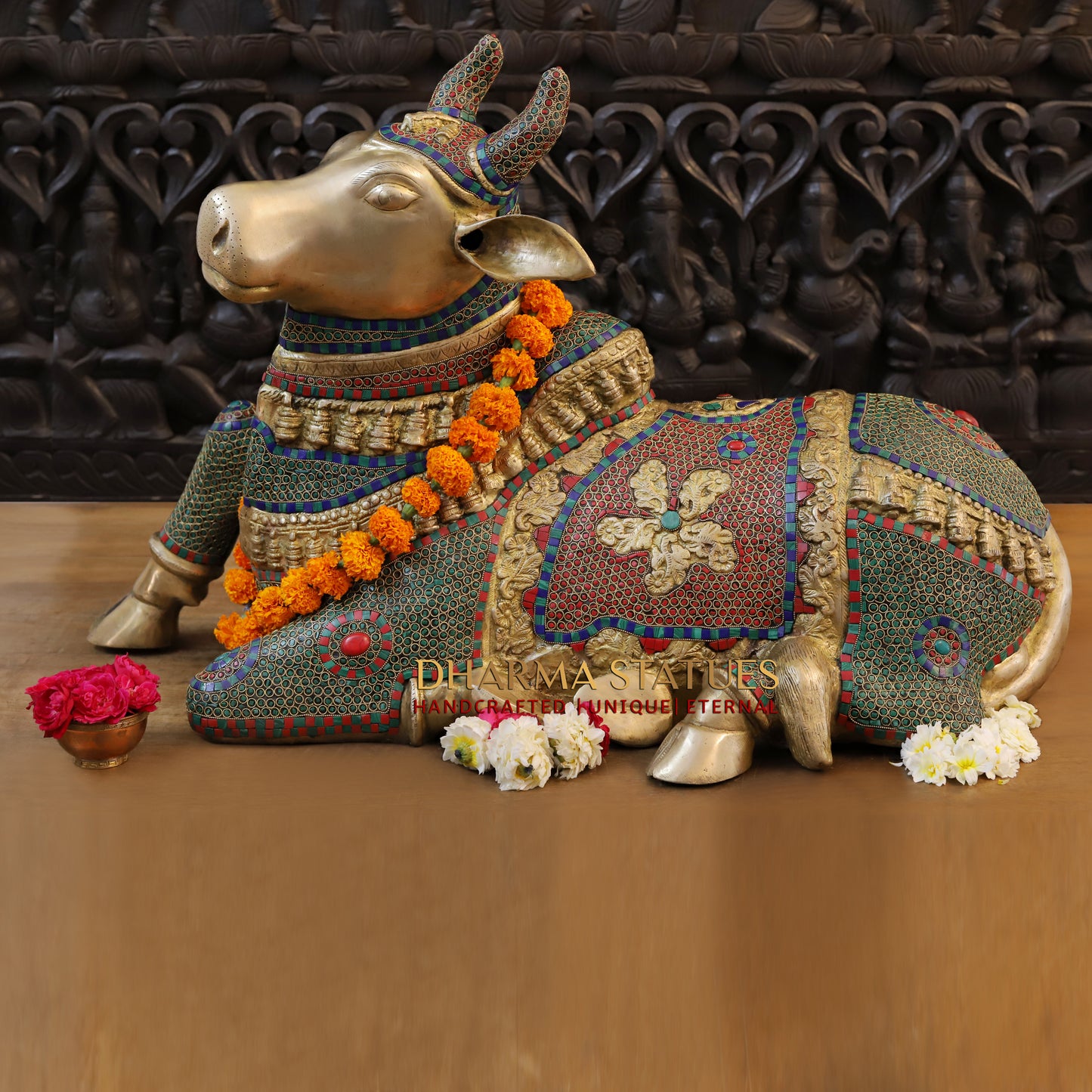 Brass Nandi seated, Golden & Stonework, 21.5"