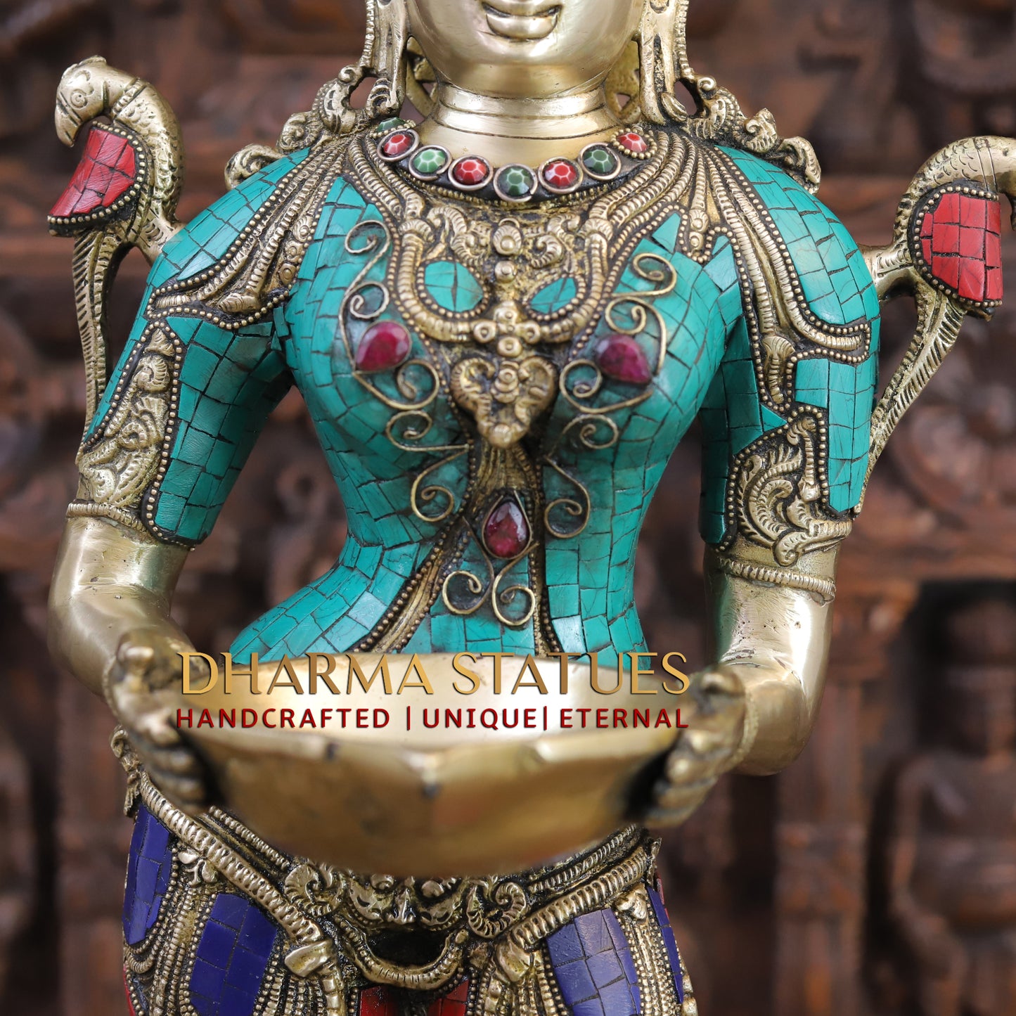 Brass Deep Lady, standing on a Lotus, Stone & Golden Finish 32"
