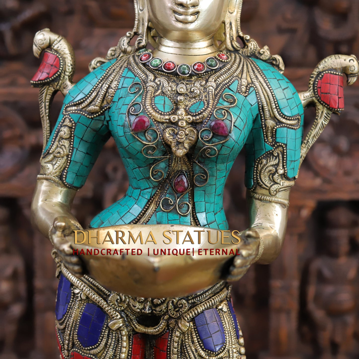 Brass Deep Lady, standing on a Lotus, Stone & Golden Finish 32"