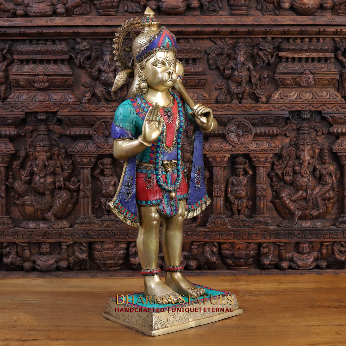 Brass Hanuman Statue, Standing, Fine Stone & Golden Work 36"