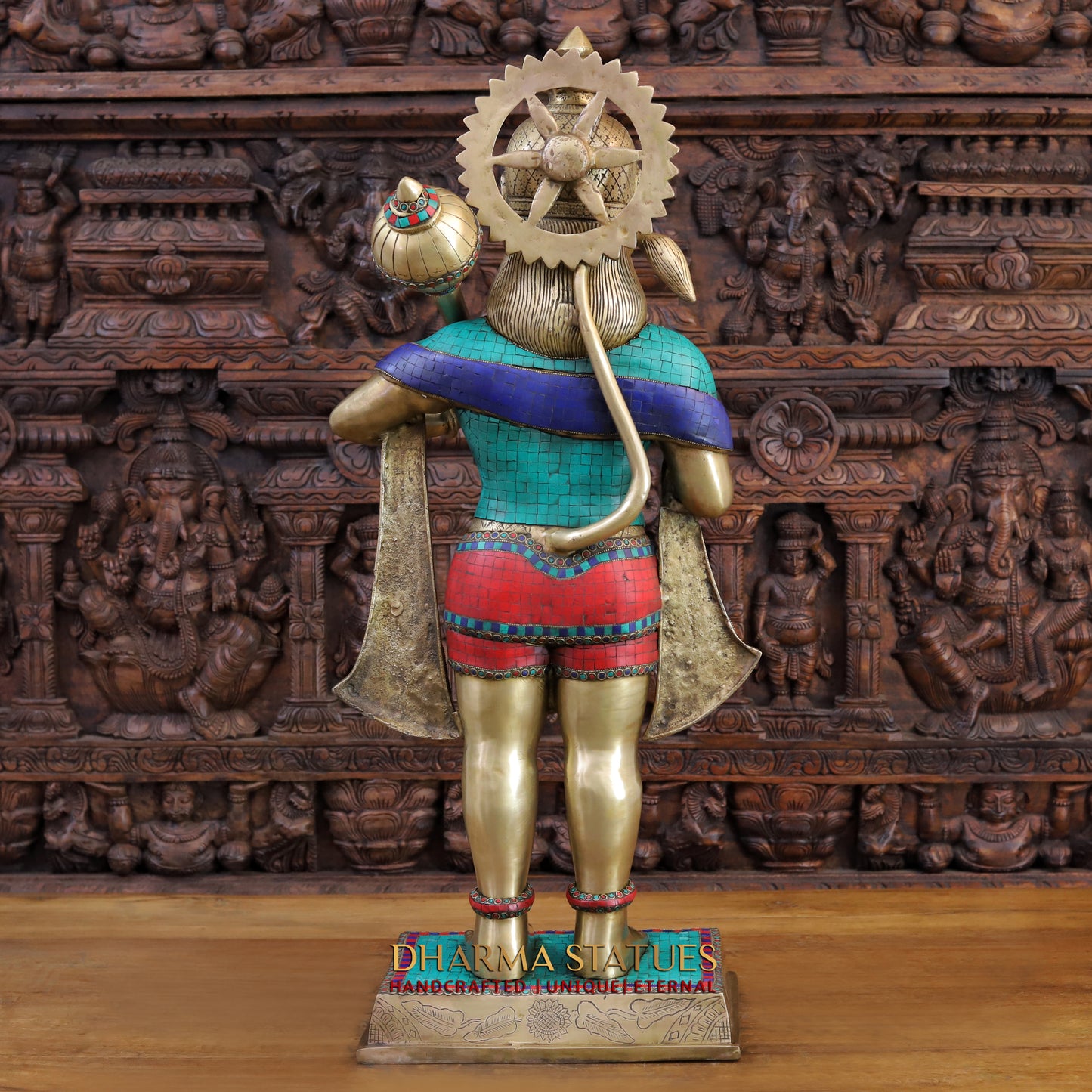 Brass Hanuman Statue, Standing, Fine Stone & Golden Work 36"