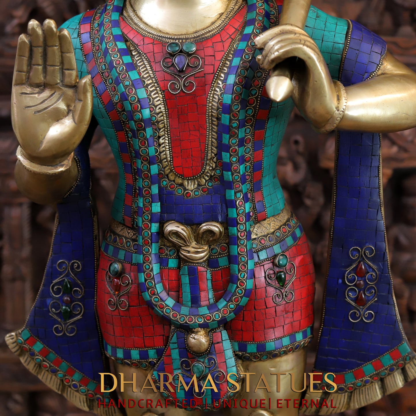 Brass Hanuman Statue, Standing, Fine Stone & Golden Work 36"