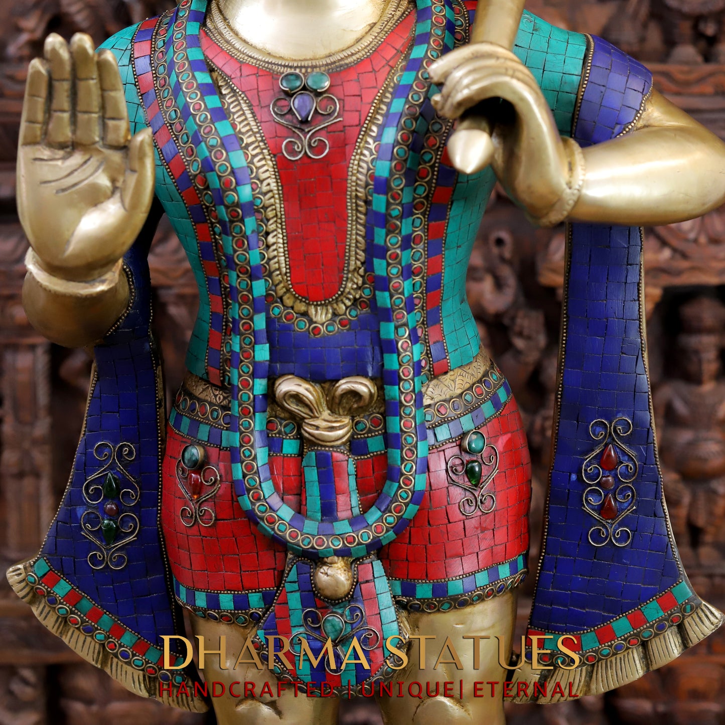 Brass Hanuman Statue, Standing, Fine Stone & Golden Work 36"
