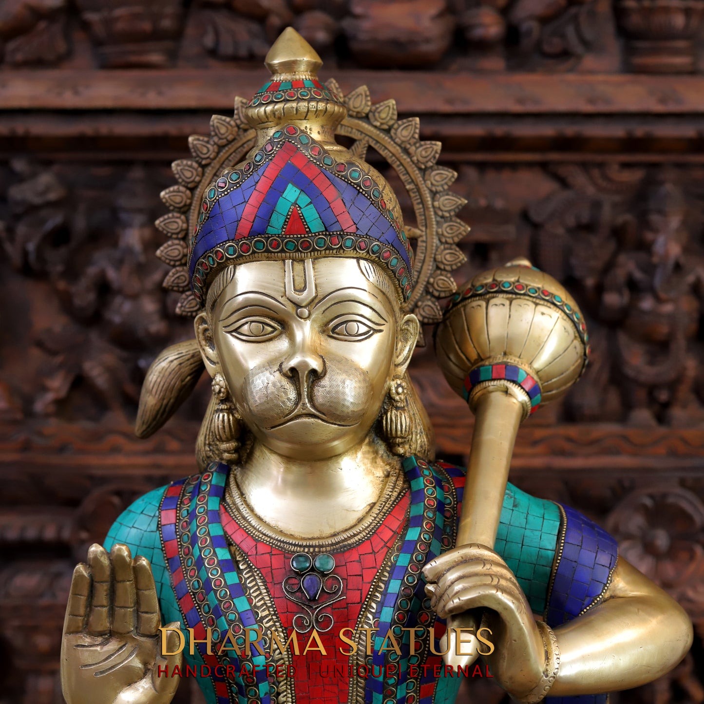 Brass Hanuman Statue, Standing, Fine Stone & Golden Work 36"