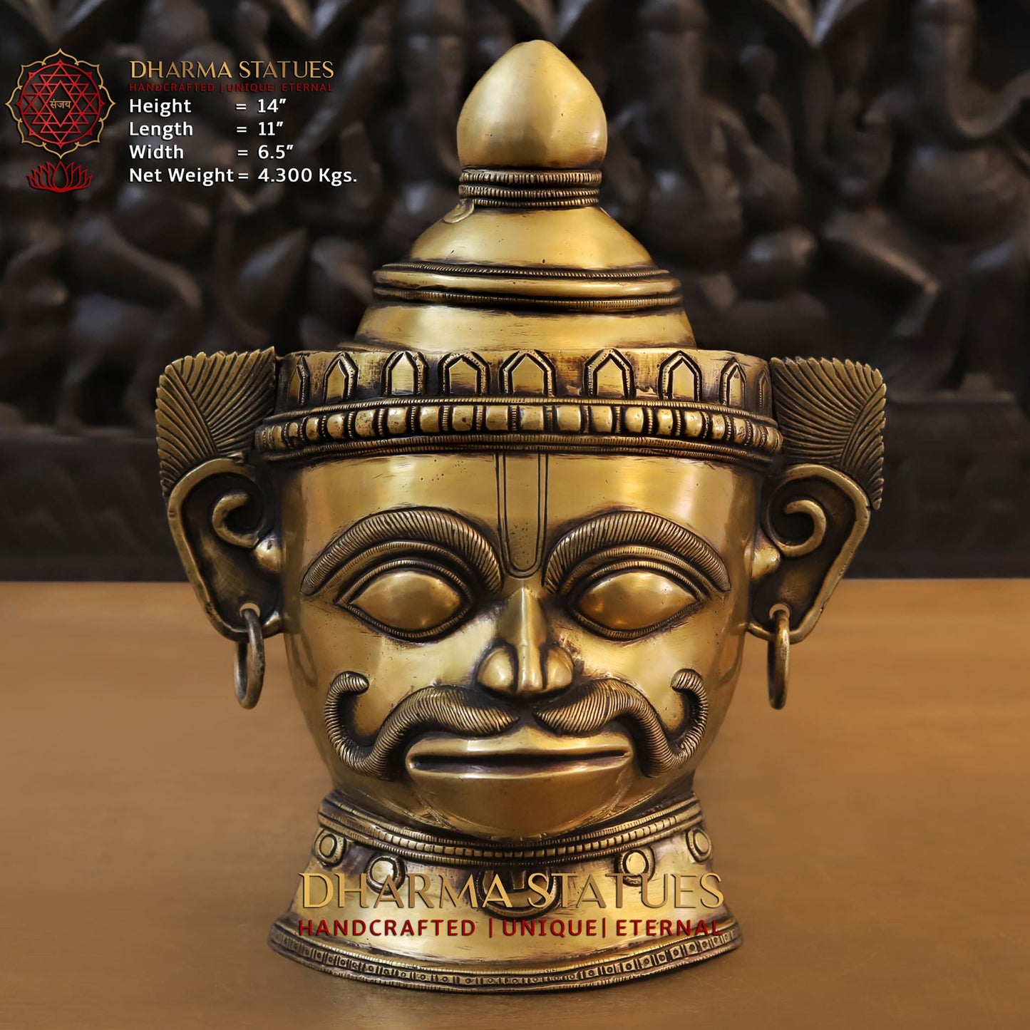 Brass Hanuman Head, A Crown Adorns his Head 14" Front View