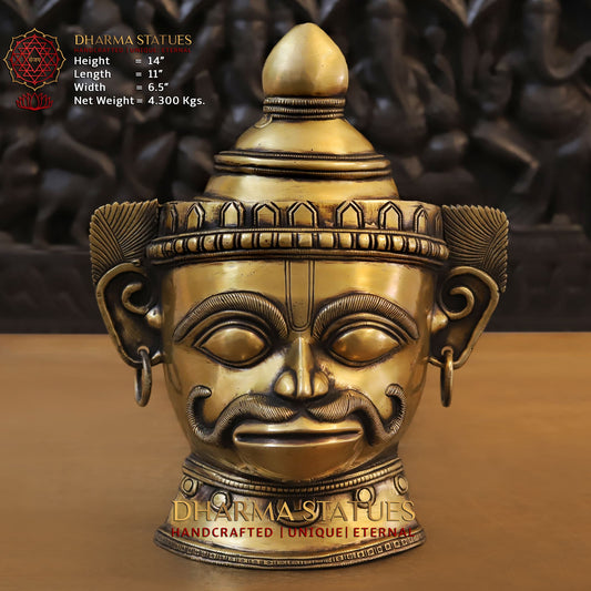 Brass Hanuman Head, A Crown Adorns his Head 14" Front View