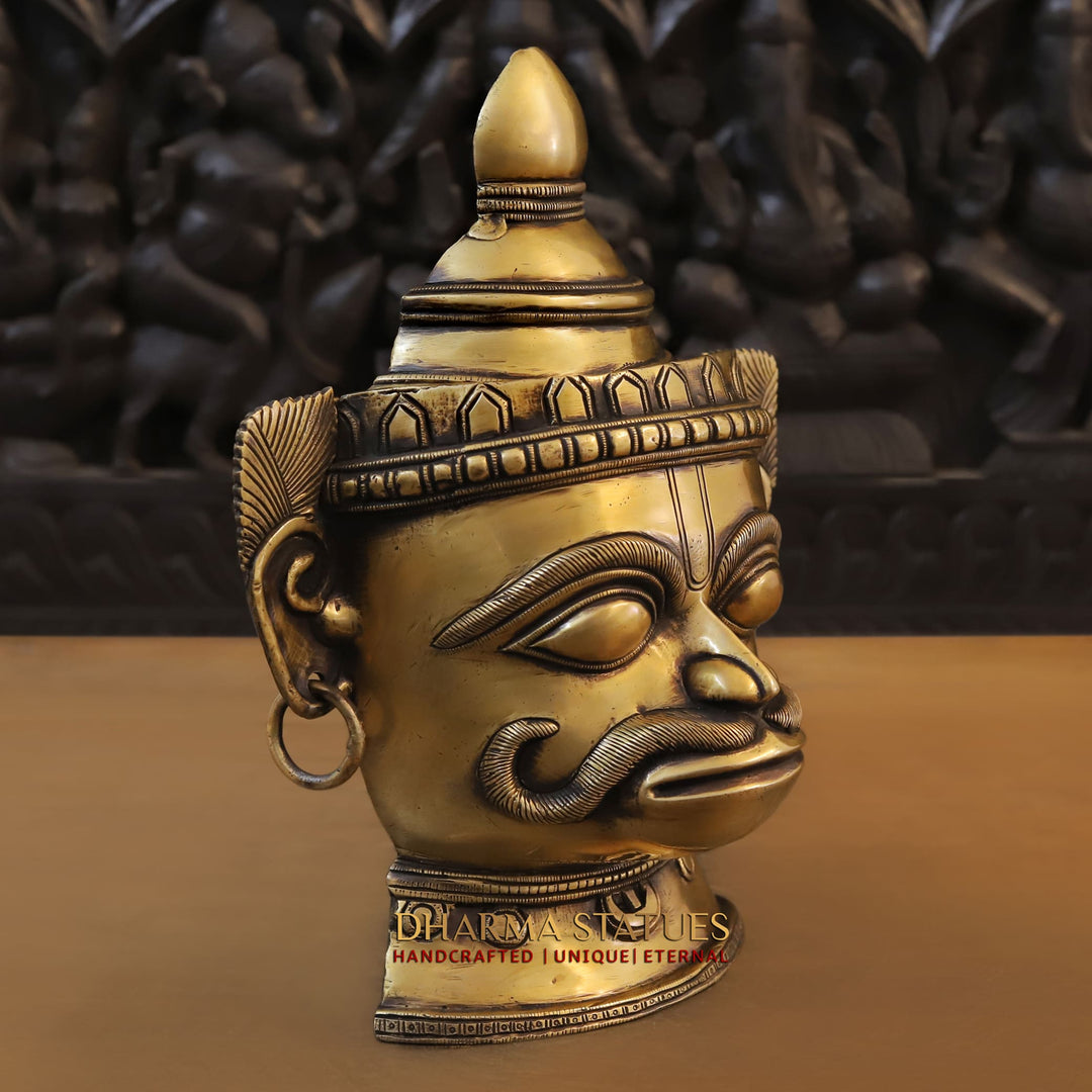 Brass Hanuman Head, A Crown Adorns his Head 14"