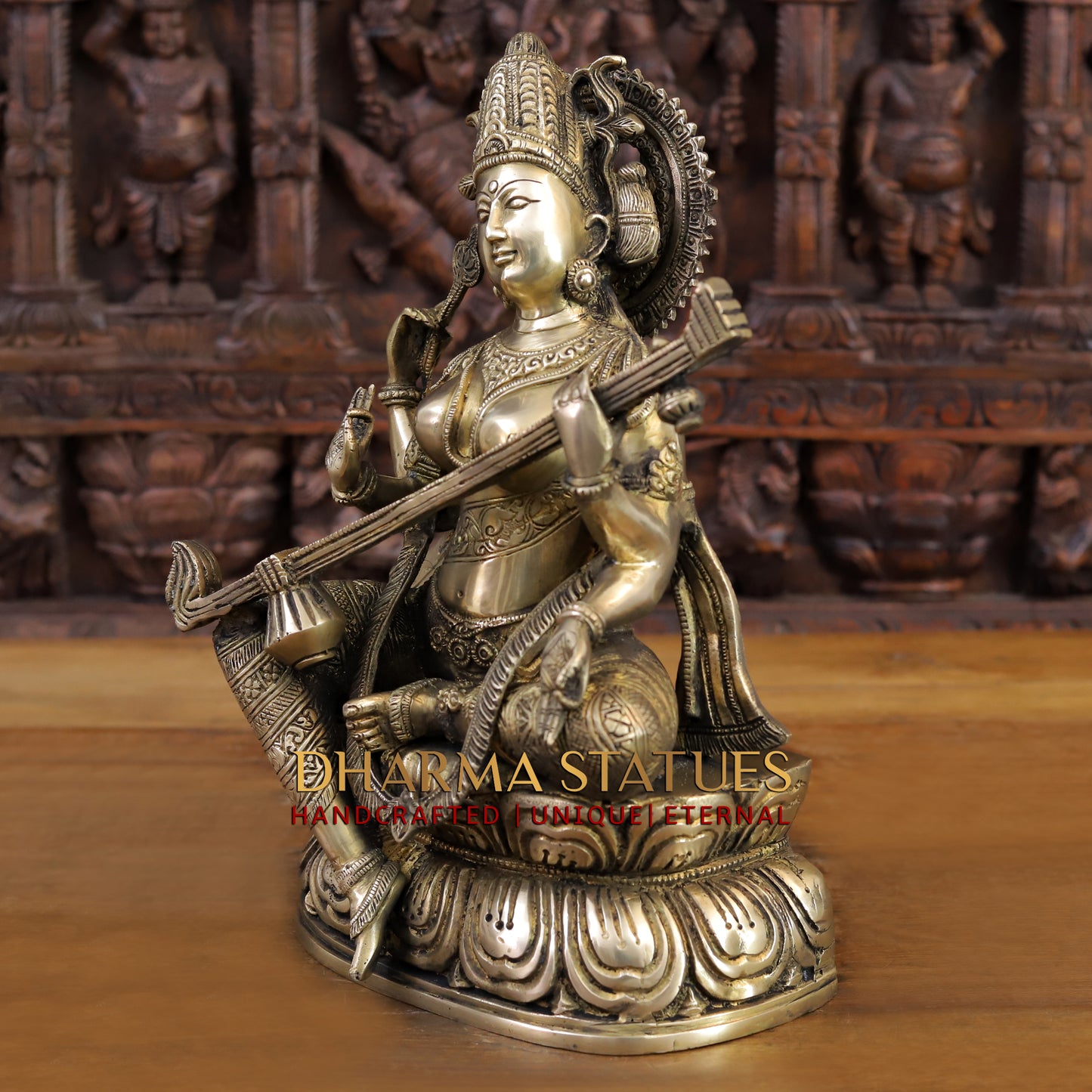 Brass Saraswati Statue, Golden Finish, 15.5"