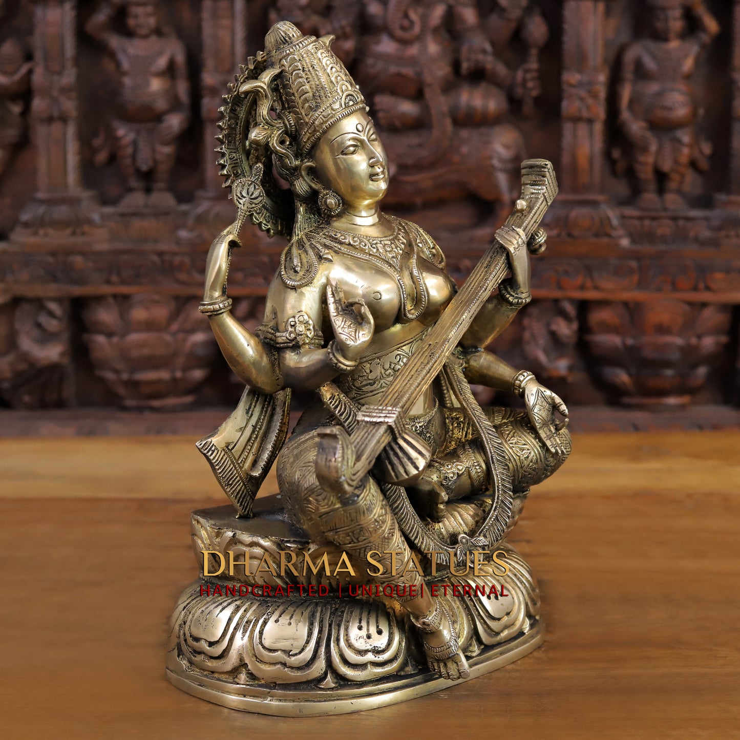 Brass Saraswati Statue, Golden Finish, 15.5"