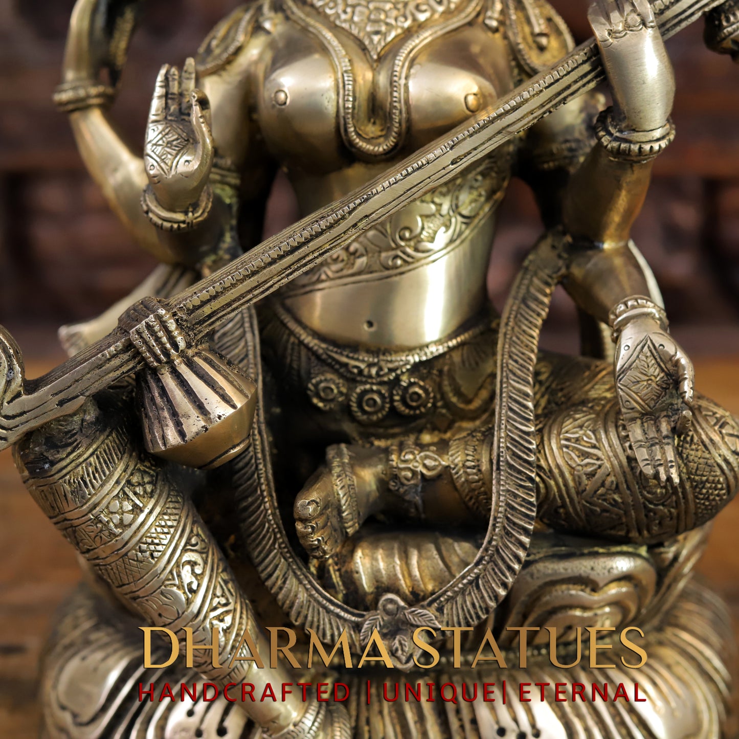 Brass Saraswati Statue, Golden Finish, 15.5"