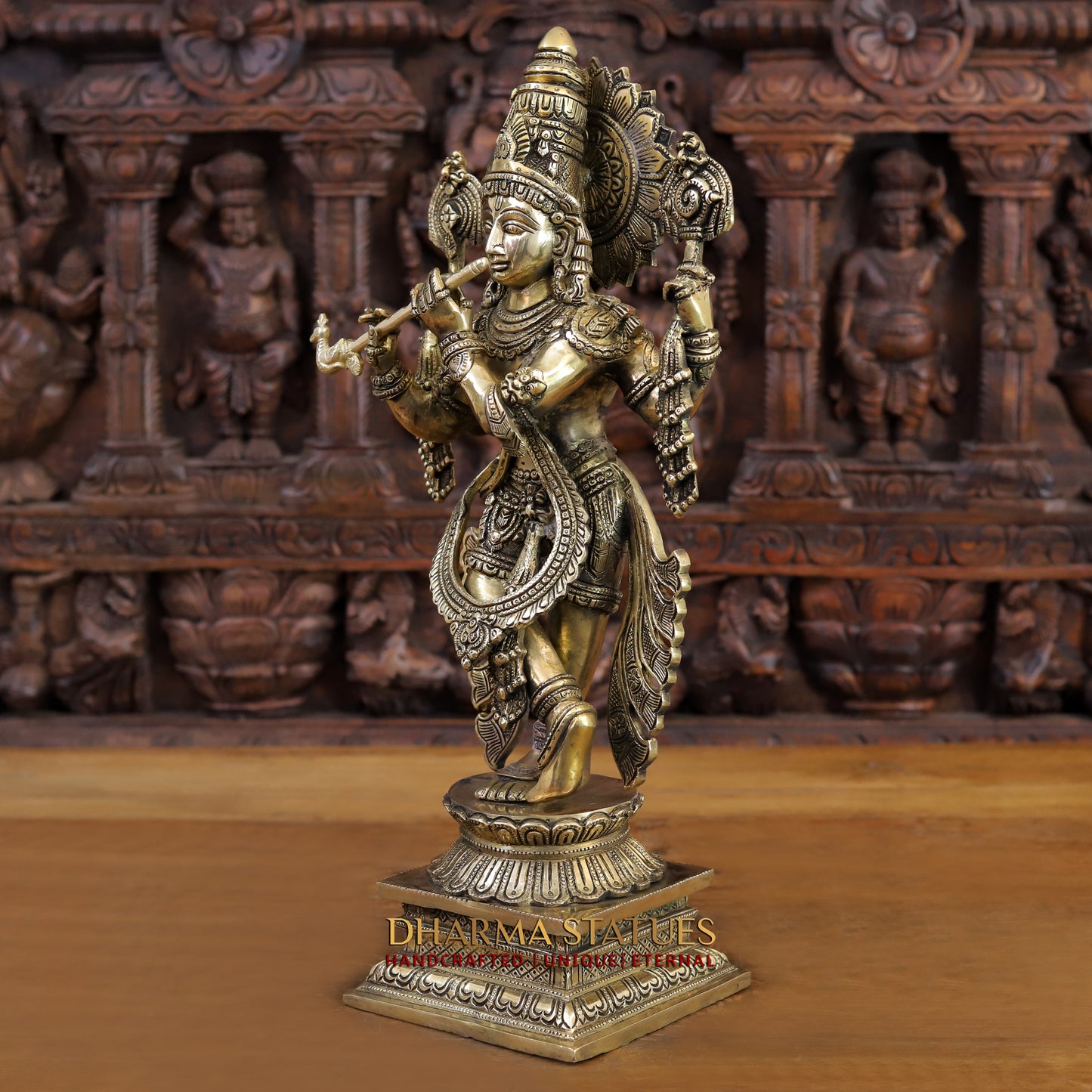 Brass Krishna Statue, Fine Golden Finish, 19"