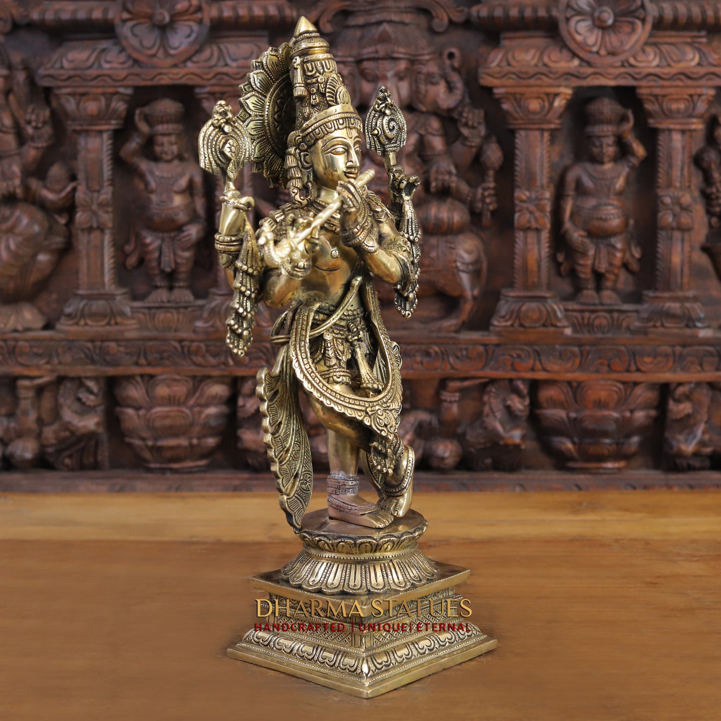 Brass Krishna Statue, Fine Golden Finish, 19"