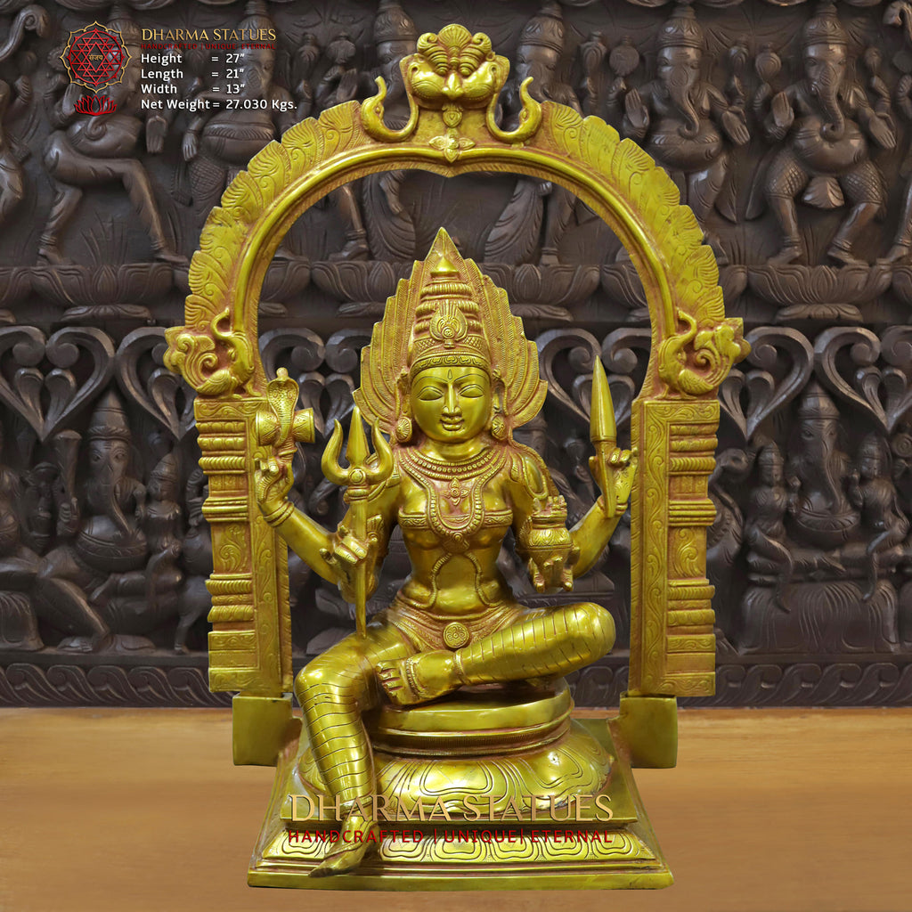 Mariamman Brass Statue, Goddess Mariamman Sitting on a Throne 27"