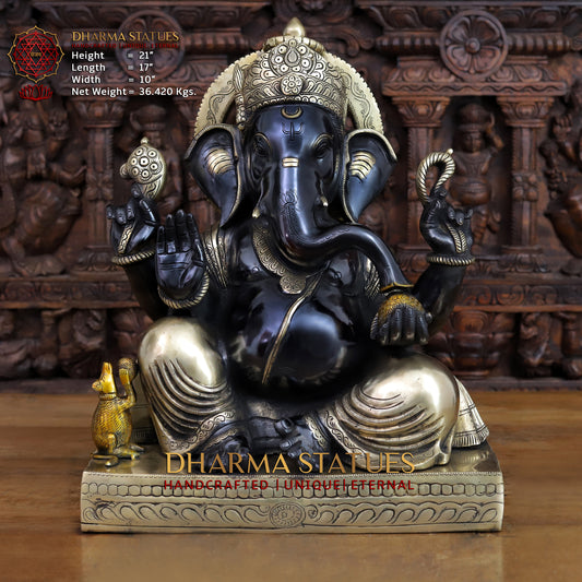Brass Ganesh seated with rat in square base, Black Patina & Golden Finish, 21"
