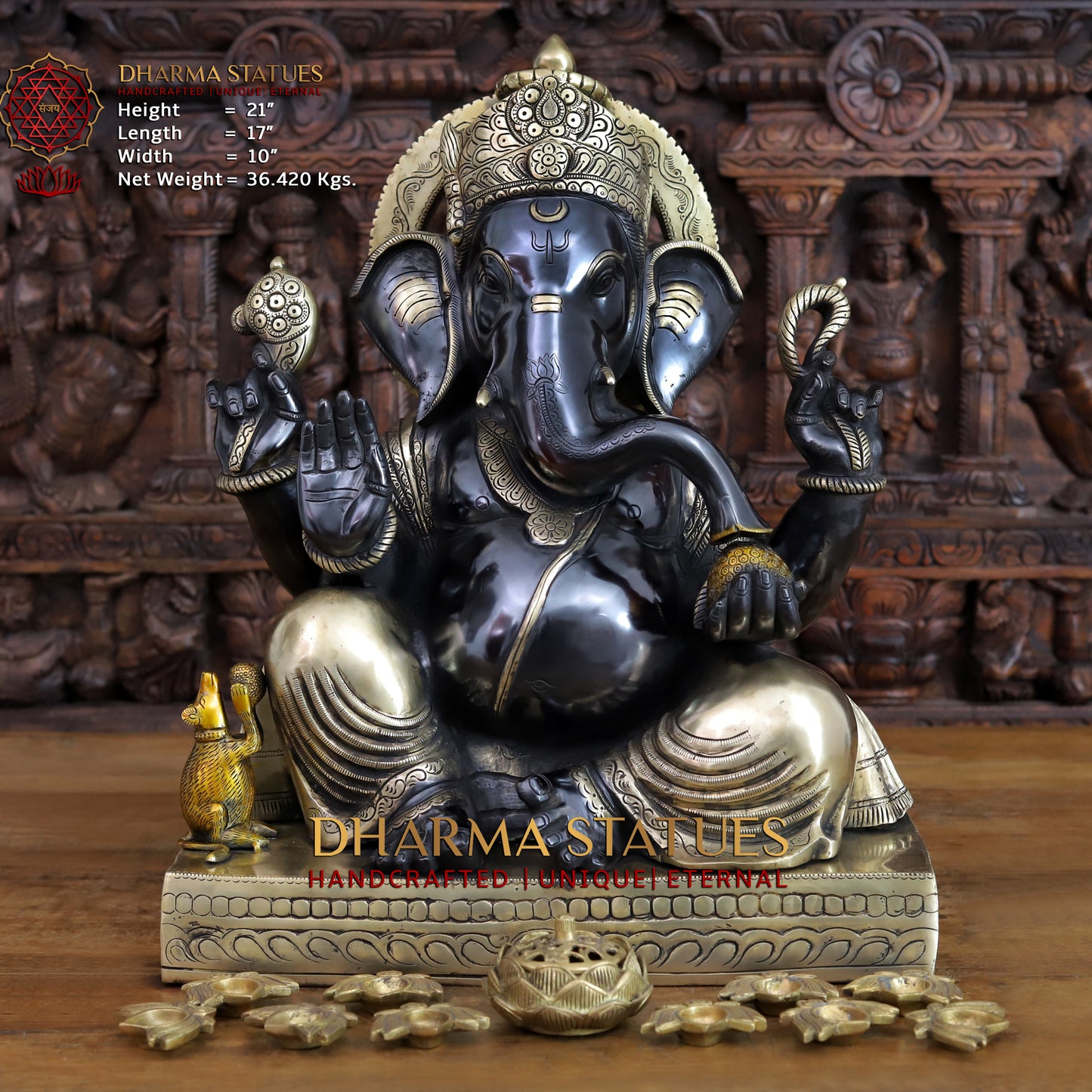 Brass Ganesh seated with rat in square base, Black Patina & Golden Finish, 21"