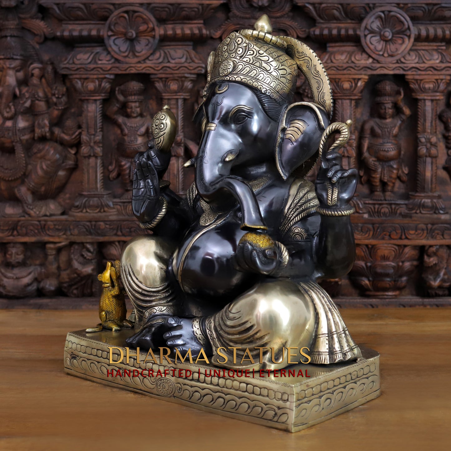 Brass Ganesh seated with rat in square base, Black Patina & Golden Finish, 21"